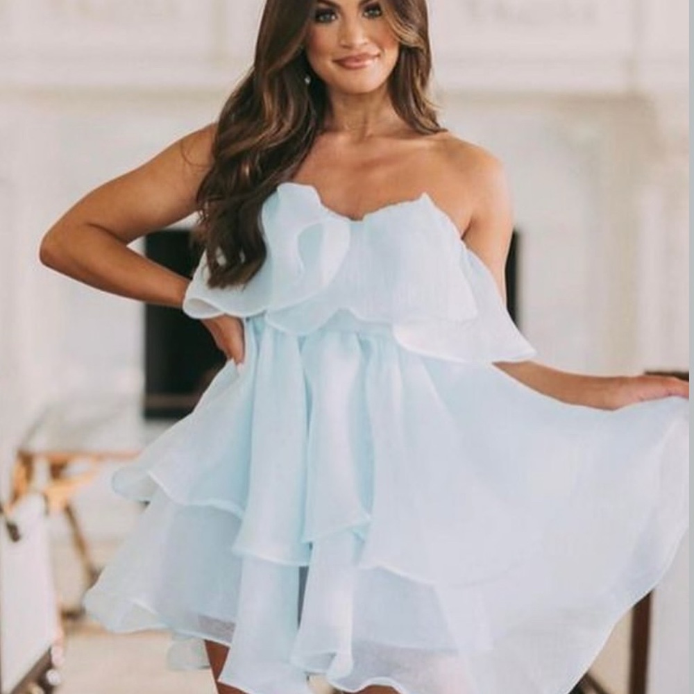 SOLD These Three Boutique Strapless Light Blue Dress